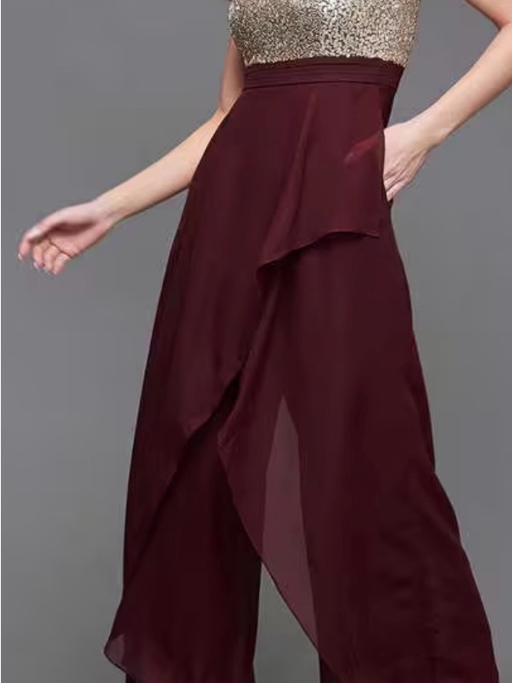 Sequin Bodice Burgundy Chiffon Overlay Jumpsuit